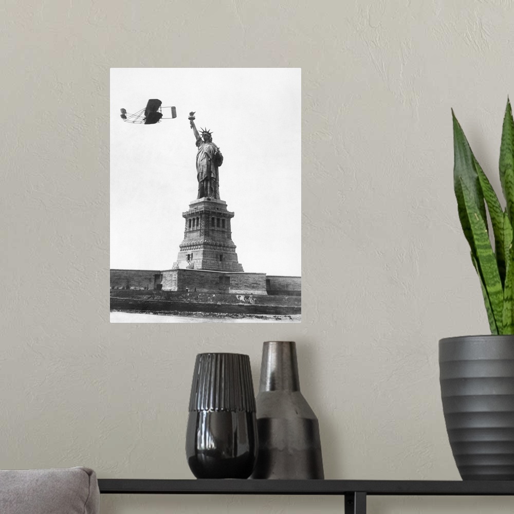 A modern room featuring Wilbur Wright flying past the Statue of Liberty on his way from Governor's Island to Grant's Tomb...