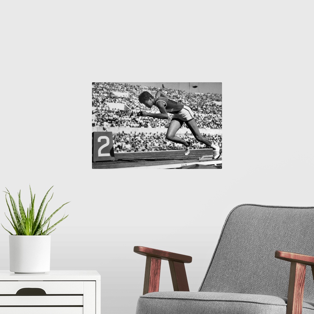 A modern room featuring American track and field athlete, photographed at the start of a race during the 1960 Summer Olym...