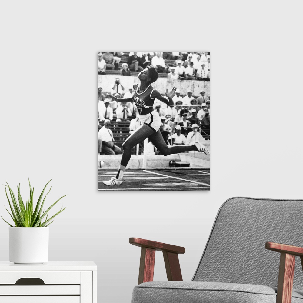 A modern room featuring American track and field athlete. Rudolph winning the 100 meter dash in the 1960 Summer Olympics ...