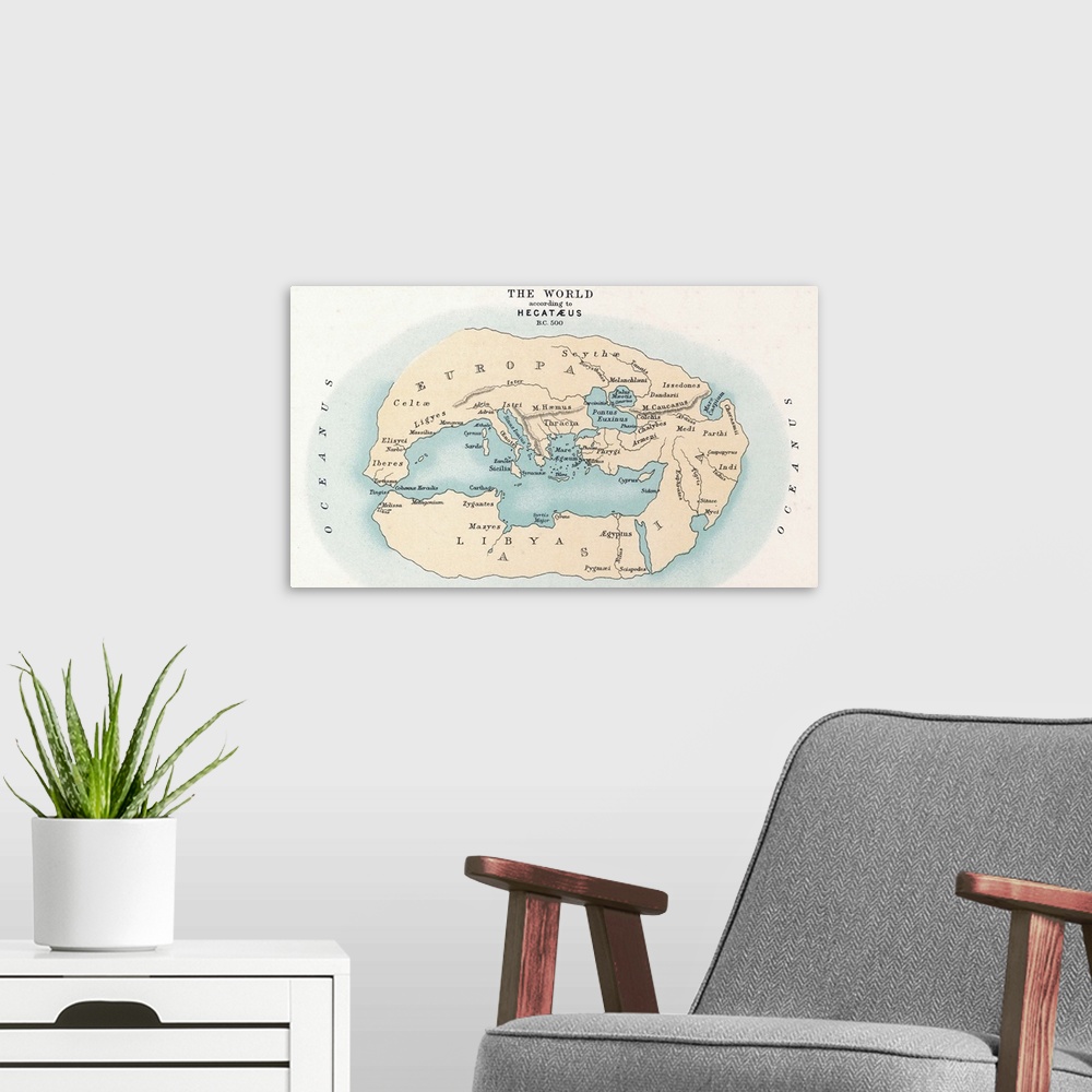 A modern room featuring World Map, 500 B.C. Map Of the World, C500 B.C., According To the Writings Of Hecataeus Of Miletu...
