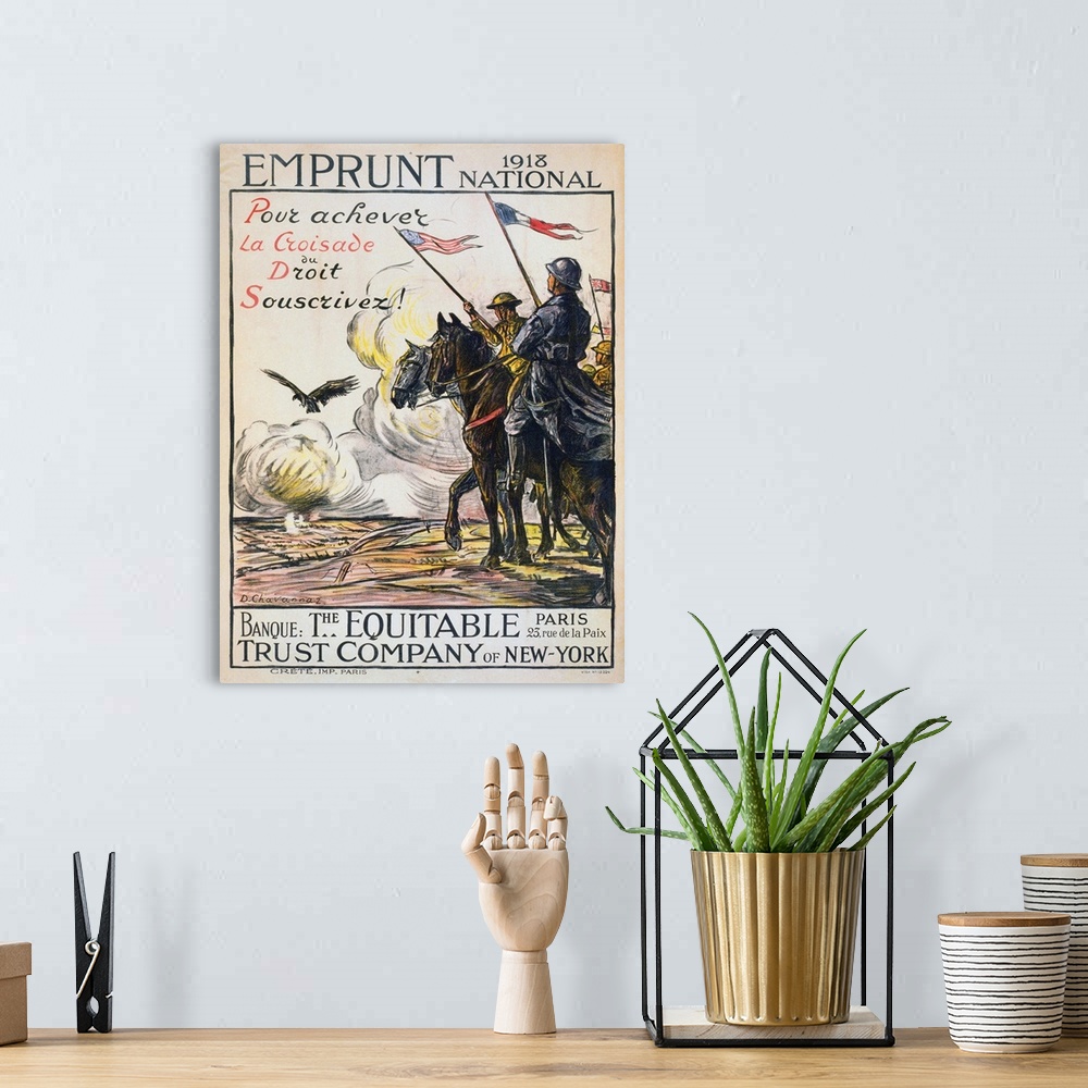 A bohemian room featuring 'To Help the Right Triumph, Subscribe!' Soldiers on horses at the edge of a battlefield, carrying...