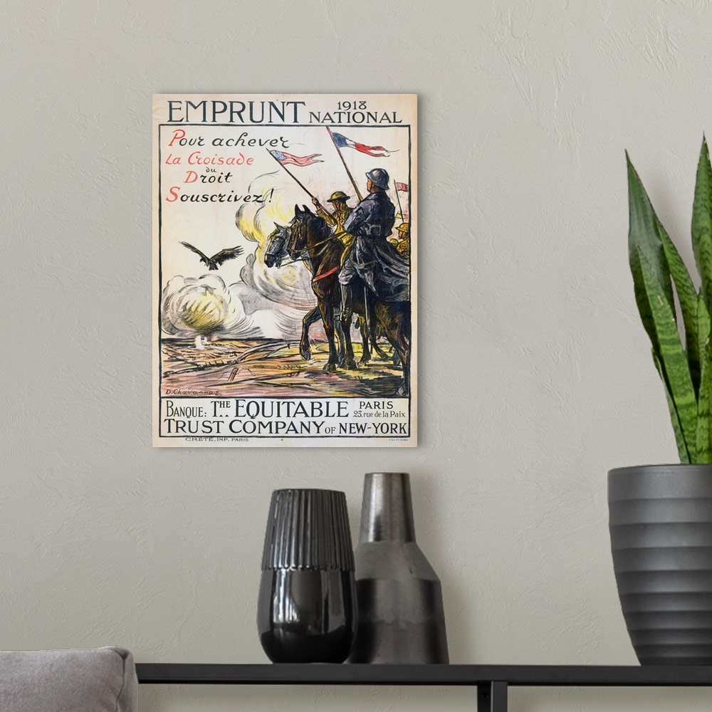 A modern room featuring 'To Help the Right Triumph, Subscribe!' Soldiers on horses at the edge of a battlefield, carrying...