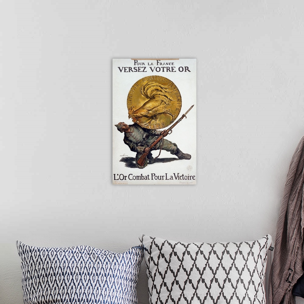 A bohemian room featuring 'Deposit Your Gold for France. Gold Fights for Victory.' Poster depicting a large gold coin with ...