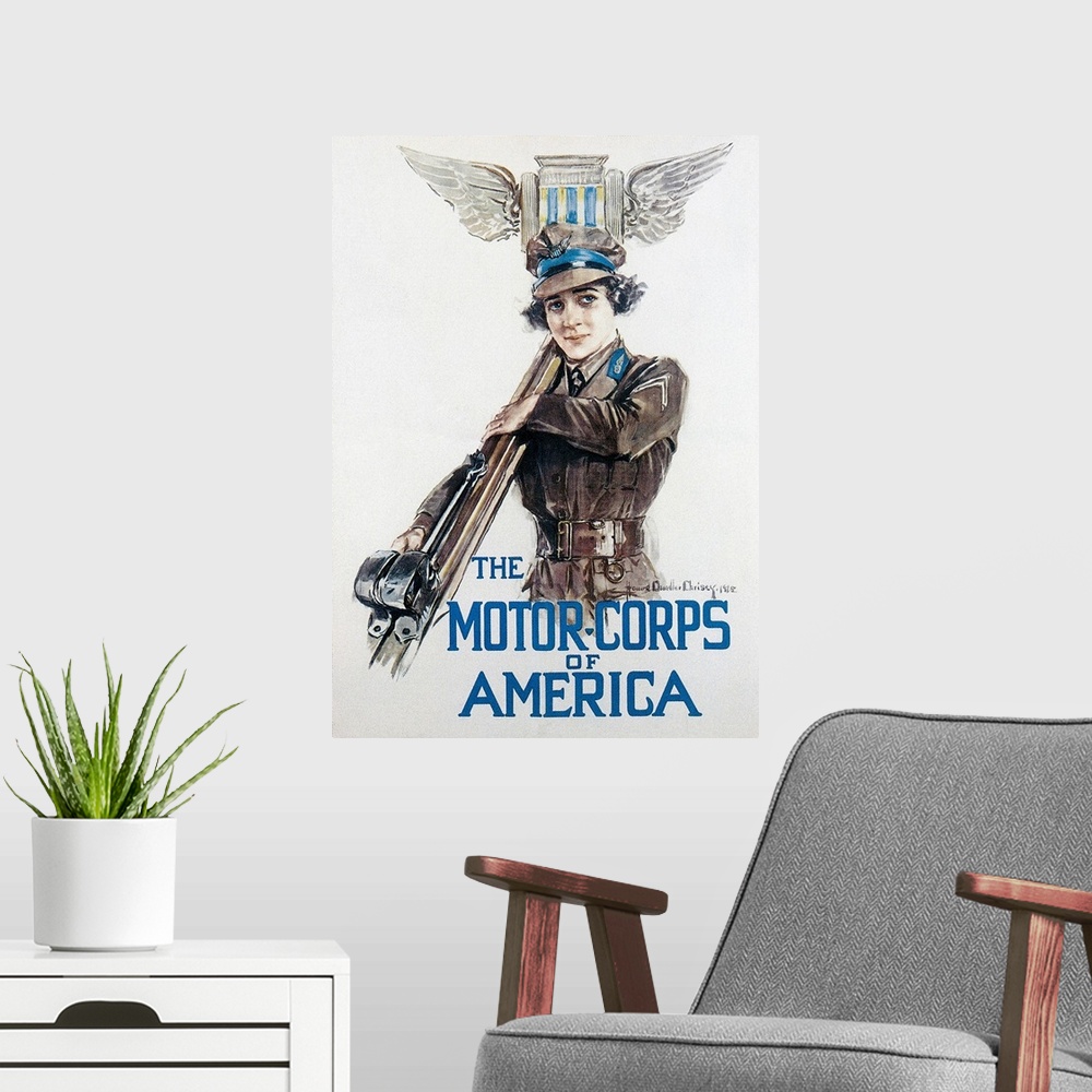 A modern room featuring American World War I recruiting poster for the U.S. Army's Motor Transport Corps, 1918, by Howard...