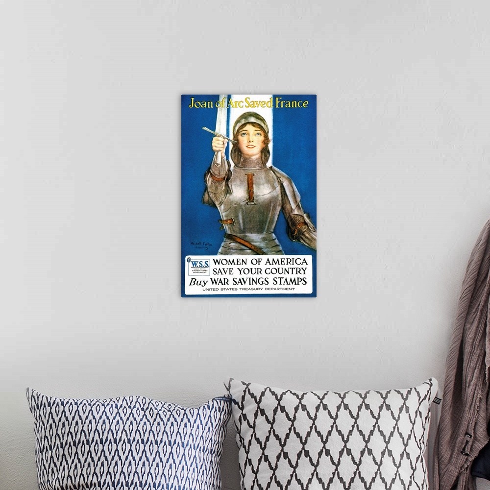 A bohemian room featuring American War Savings Stamp poster during World War I, 1917, featuring Joan of Arc, French nationa...