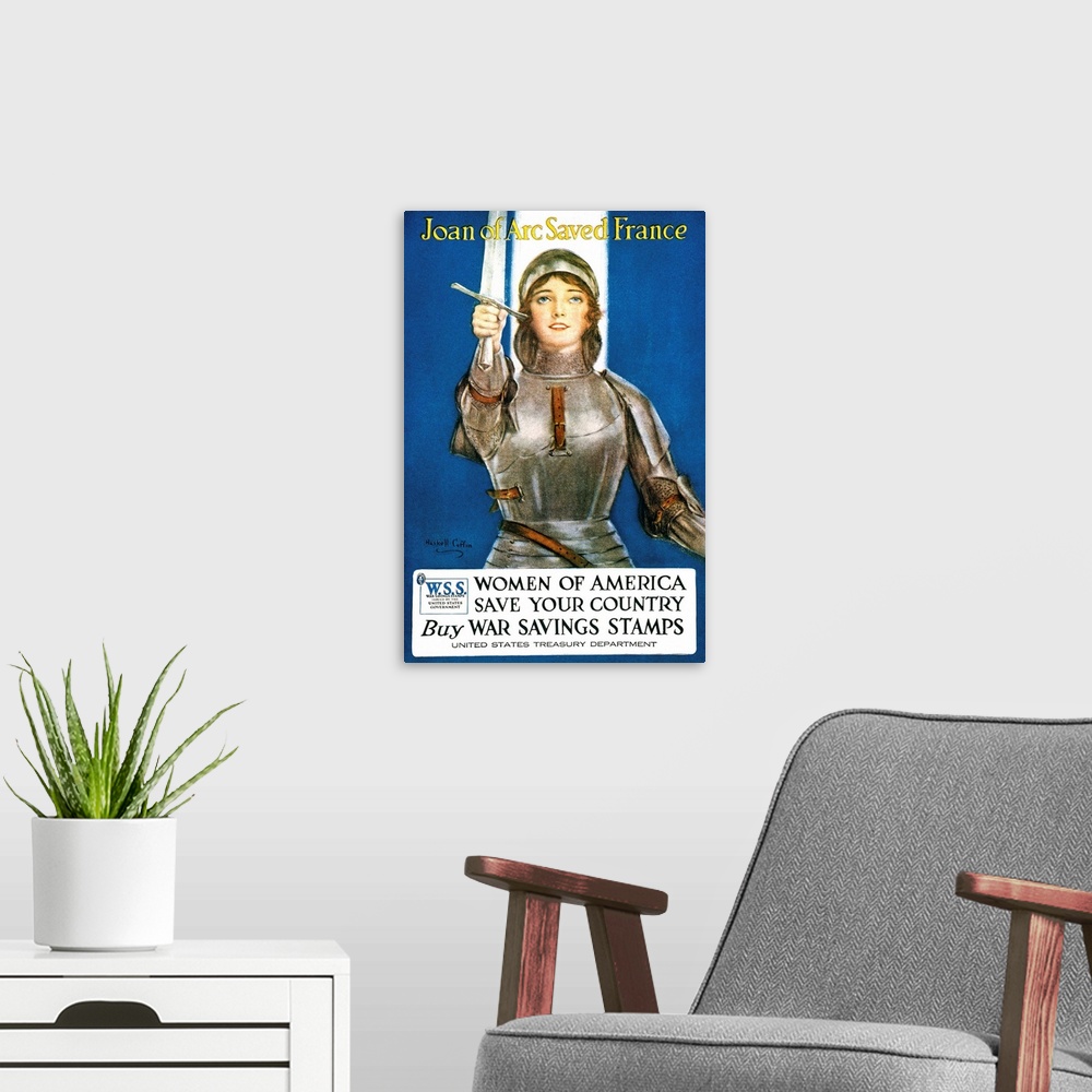 A modern room featuring American War Savings Stamp poster during World War I, 1917, featuring Joan of Arc, French nationa...
