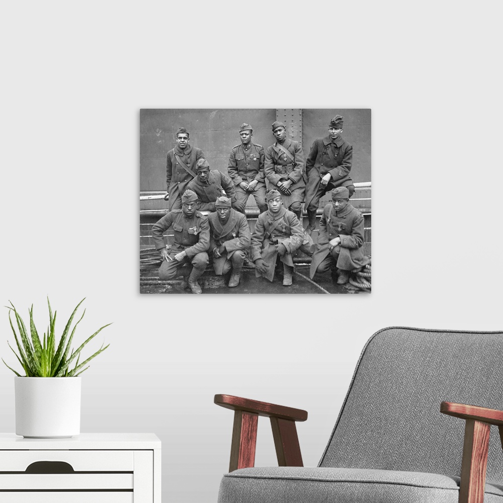 A modern room featuring Returning U.S. soldiers of the Black 369th Infantry Regiment, all wearing the Croix de Guerre, ab...