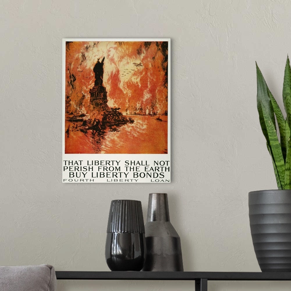 A modern room featuring 'That Liberty Shall Not Perish...' American World War I Liberty Loan poster.