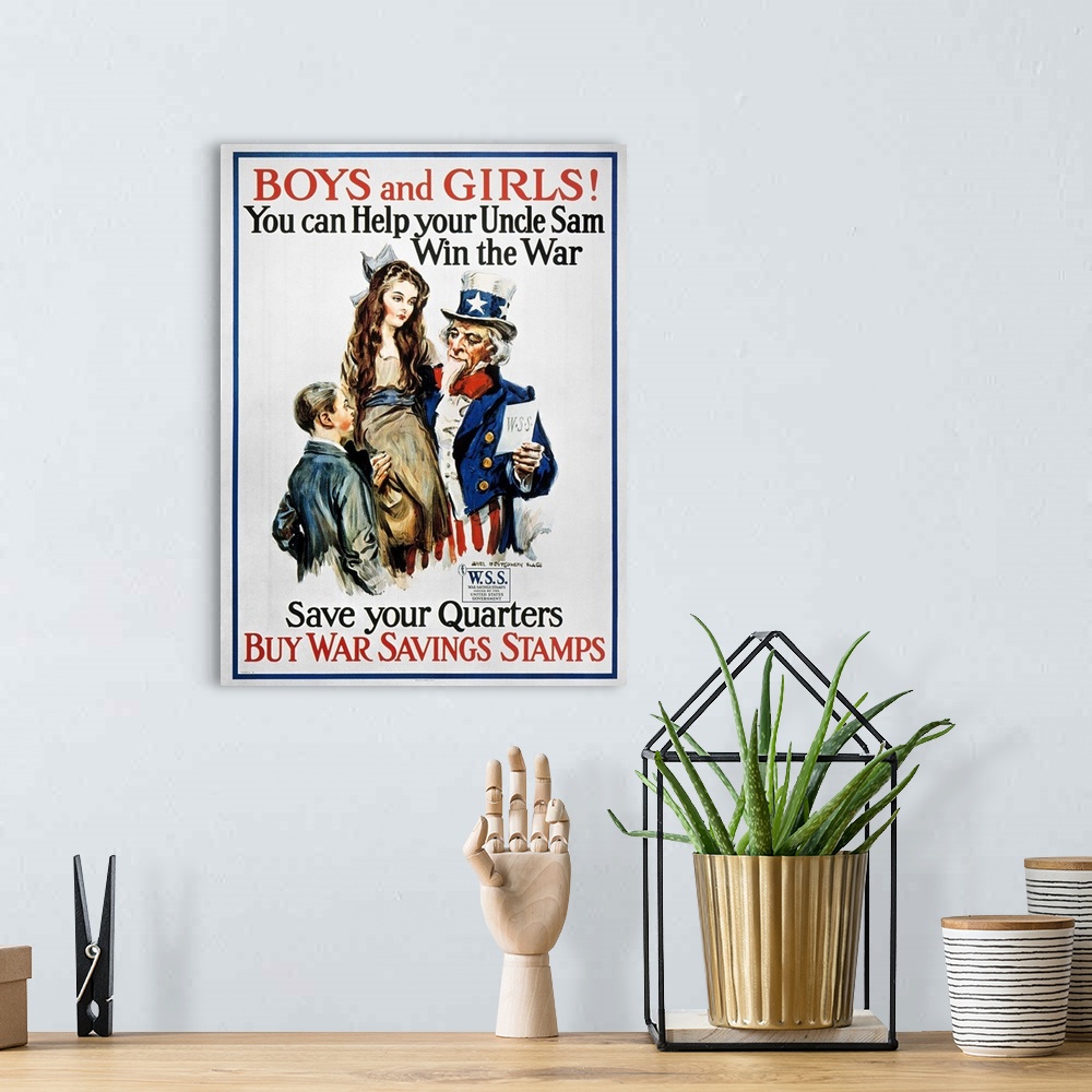 A bohemian room featuring 'Boys and Girls! You Can Help Your Uncle Sam Win the War.' American World War I War Savings Stamp...