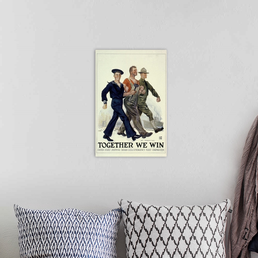A bohemian room featuring Together we win. American World War I United States Shipping Board poster.