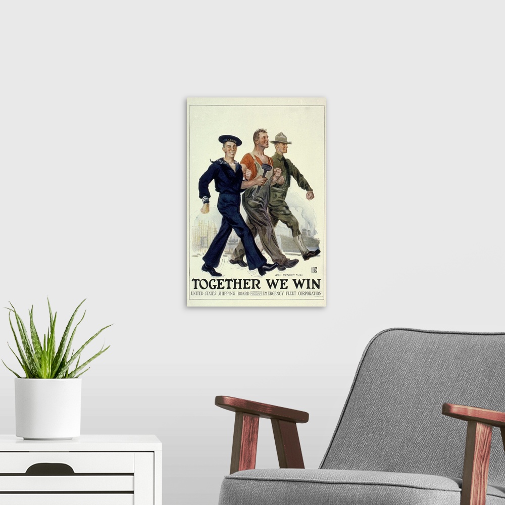 A modern room featuring Together we win. American World War I United States Shipping Board poster.