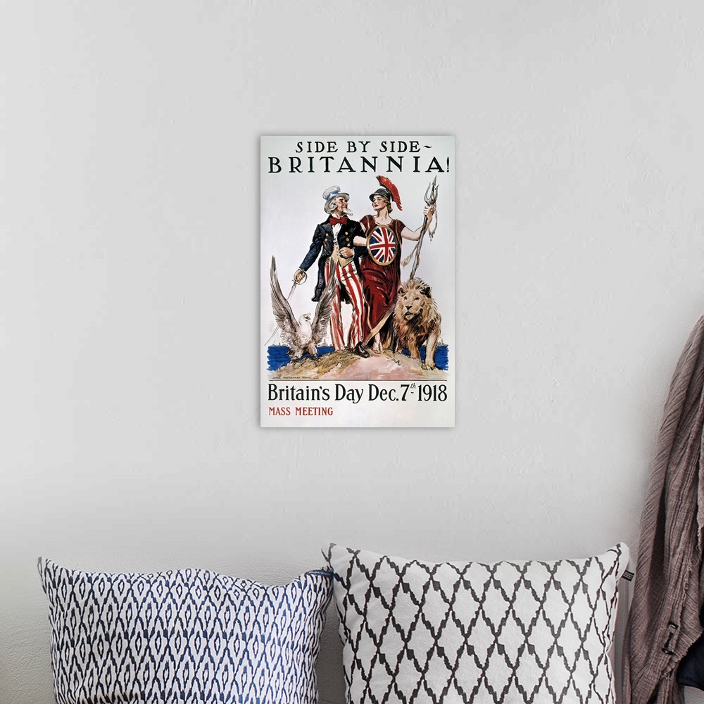 A bohemian room featuring 'Side by Side, Britannia!' American World War I poster by James Montgomery Flagg, 1918.