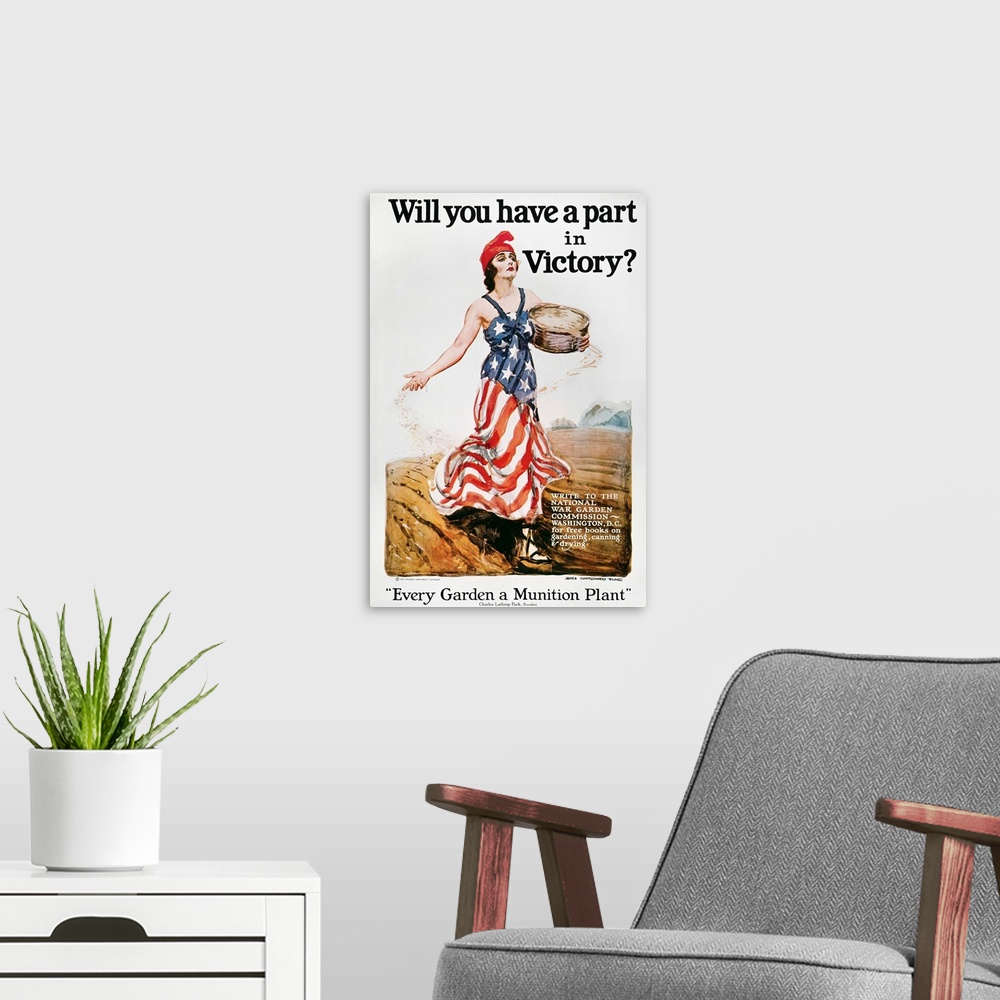 A modern room featuring 'Will you have a part in Victory?' American World War I 'Victory Garden' poster by James Montgome...