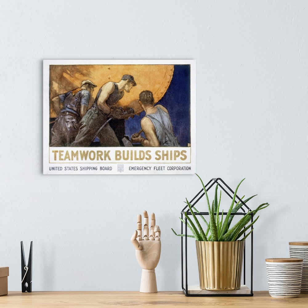 A bohemian room featuring 'Teamwork builds ships.' American World War I United States Shipping Board poster.