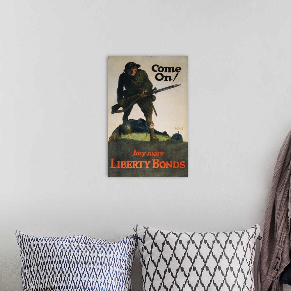 A bohemian room featuring 'Come On!' American World War I Liberty Loan poster.