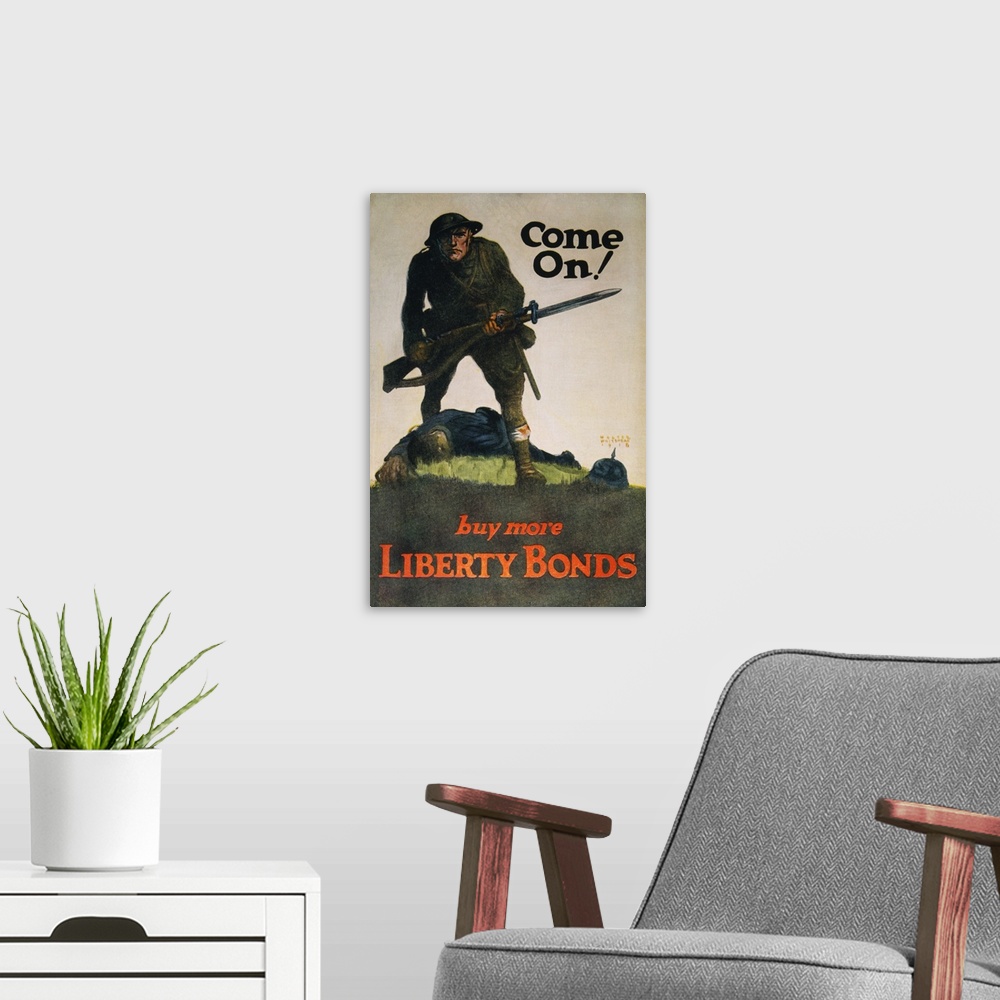 A modern room featuring 'Come On!' American World War I Liberty Loan poster.