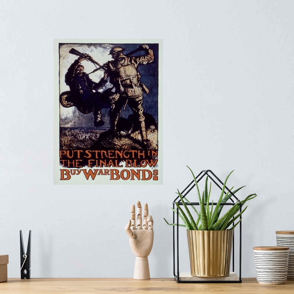 A bohemian room featuring 'Put strength in the final blow.' American World War I war bond poster.