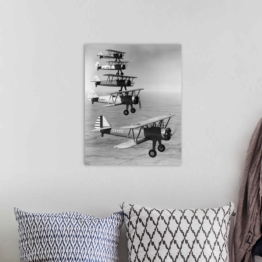 A bohemian room featuring Boeing military trainer airplanes bound for five different services (from top to bottom): Peru, G...