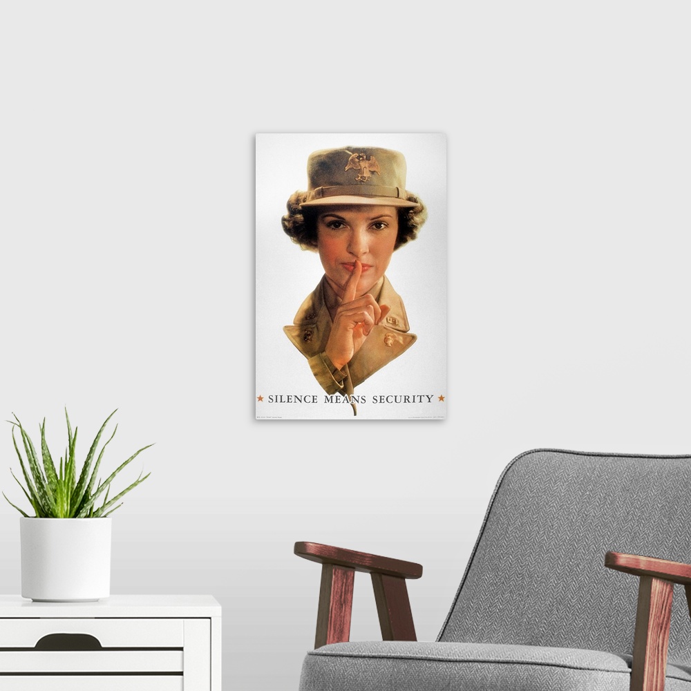 A modern room featuring 'Silence Means Security.' American World War II poster featuring a WAAC (member of the Women's Au...