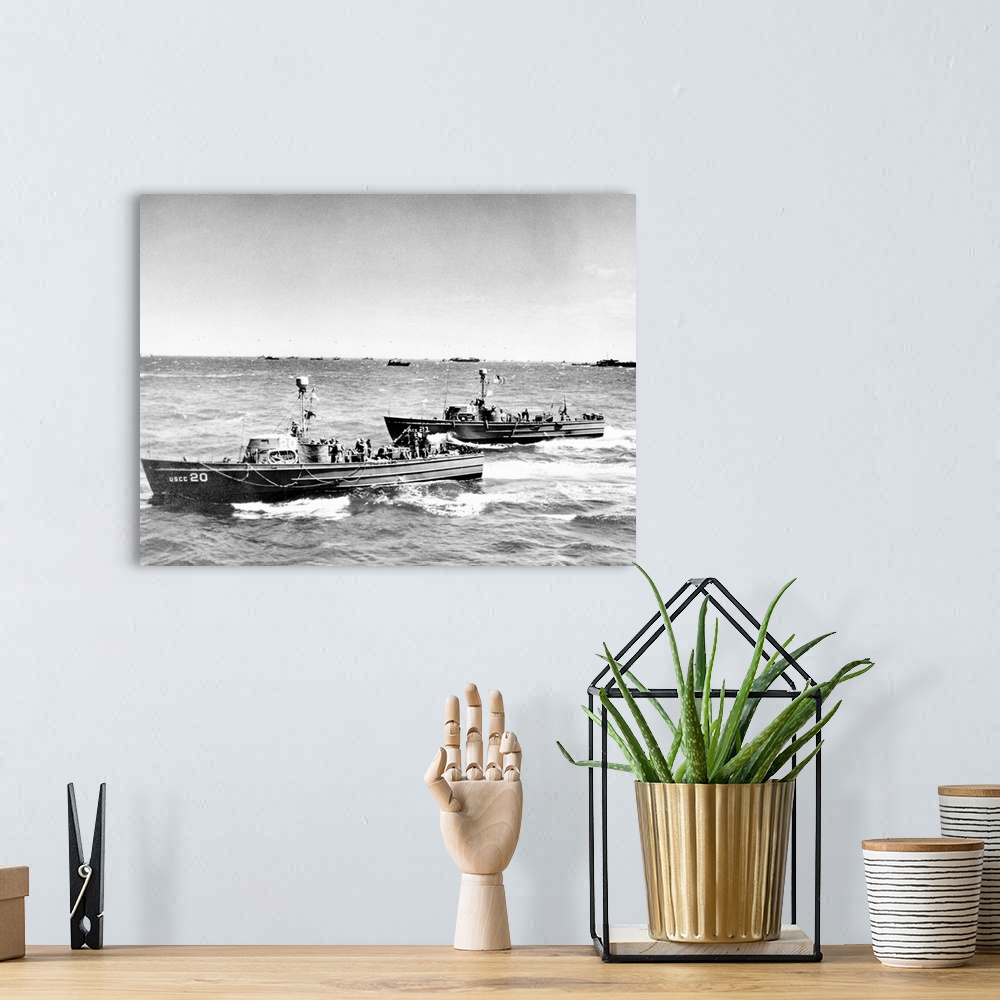 A bohemian room featuring Two cutters of the U.S. Coast Guard rescue flotilla at the invasion of Normandy, France, 6 June 1...