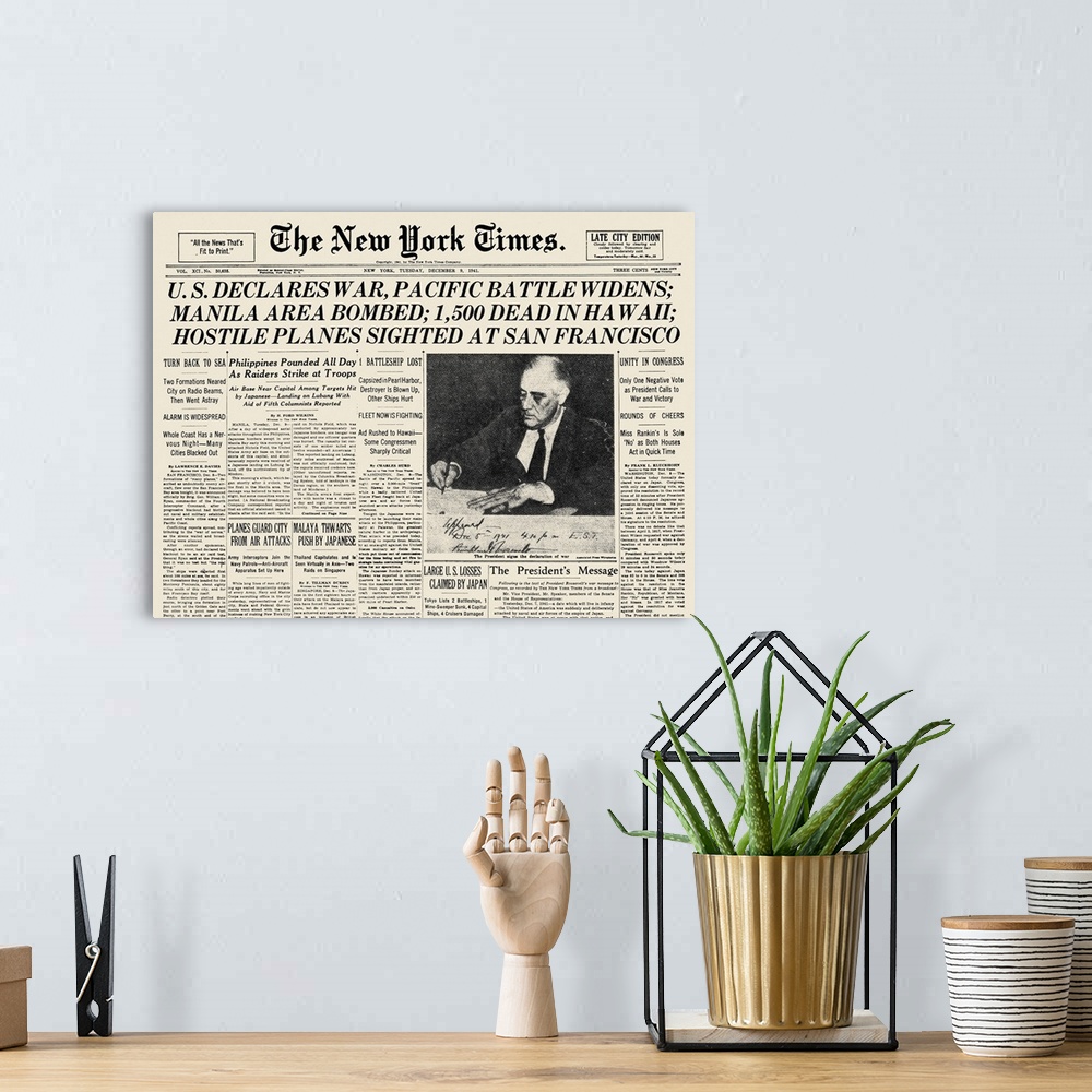 A bohemian room featuring The front page of 'The New York Times,' 9 December 1941, announcing the United States' declaratio...