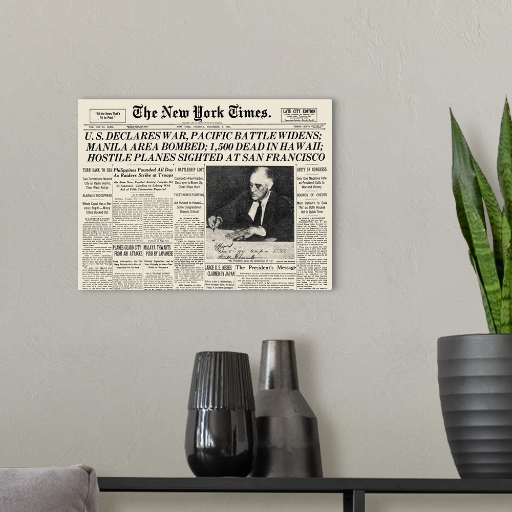 A modern room featuring The front page of 'The New York Times,' 9 December 1941, announcing the United States' declaratio...