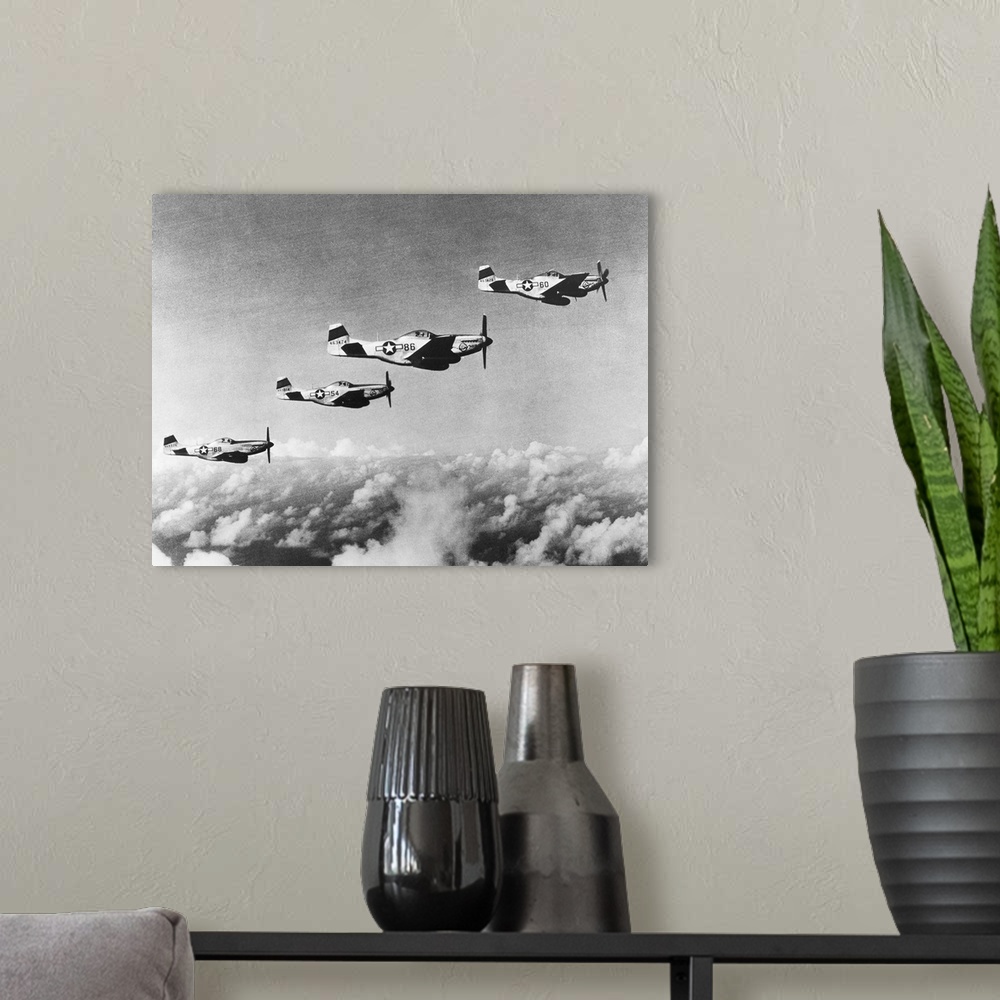A modern room featuring American P-51 Mustang fighter planes over Iwo Jima, 1945.