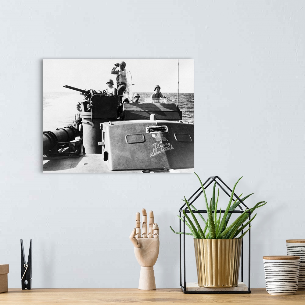 A bohemian room featuring The 'Flying Shamrock,' a U.S. Navy patrol boat, scouting for Japanese forces in the waters off Ne...