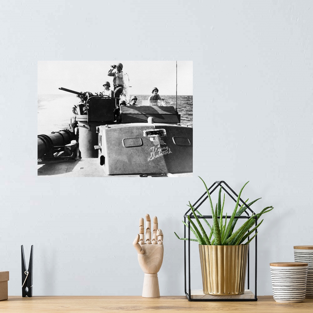 A bohemian room featuring The 'Flying Shamrock,' a U.S. Navy patrol boat, scouting for Japanese forces in the waters off Ne...