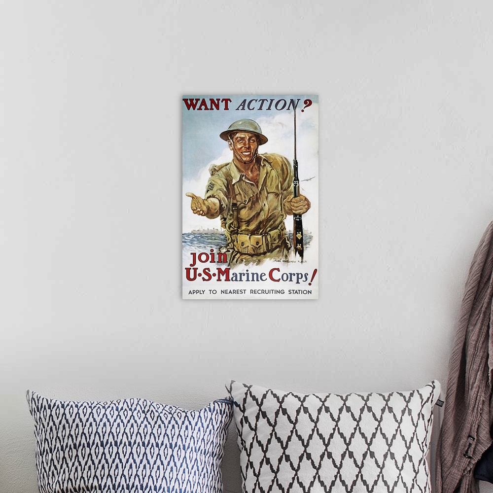 A bohemian room featuring Want Action?: American World War II Marine Corps recruiting poster, 1942, by James Montgomery Flagg.