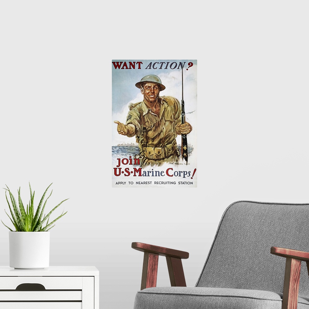 A modern room featuring Want Action?: American World War II Marine Corps recruiting poster, 1942, by James Montgomery Flagg.