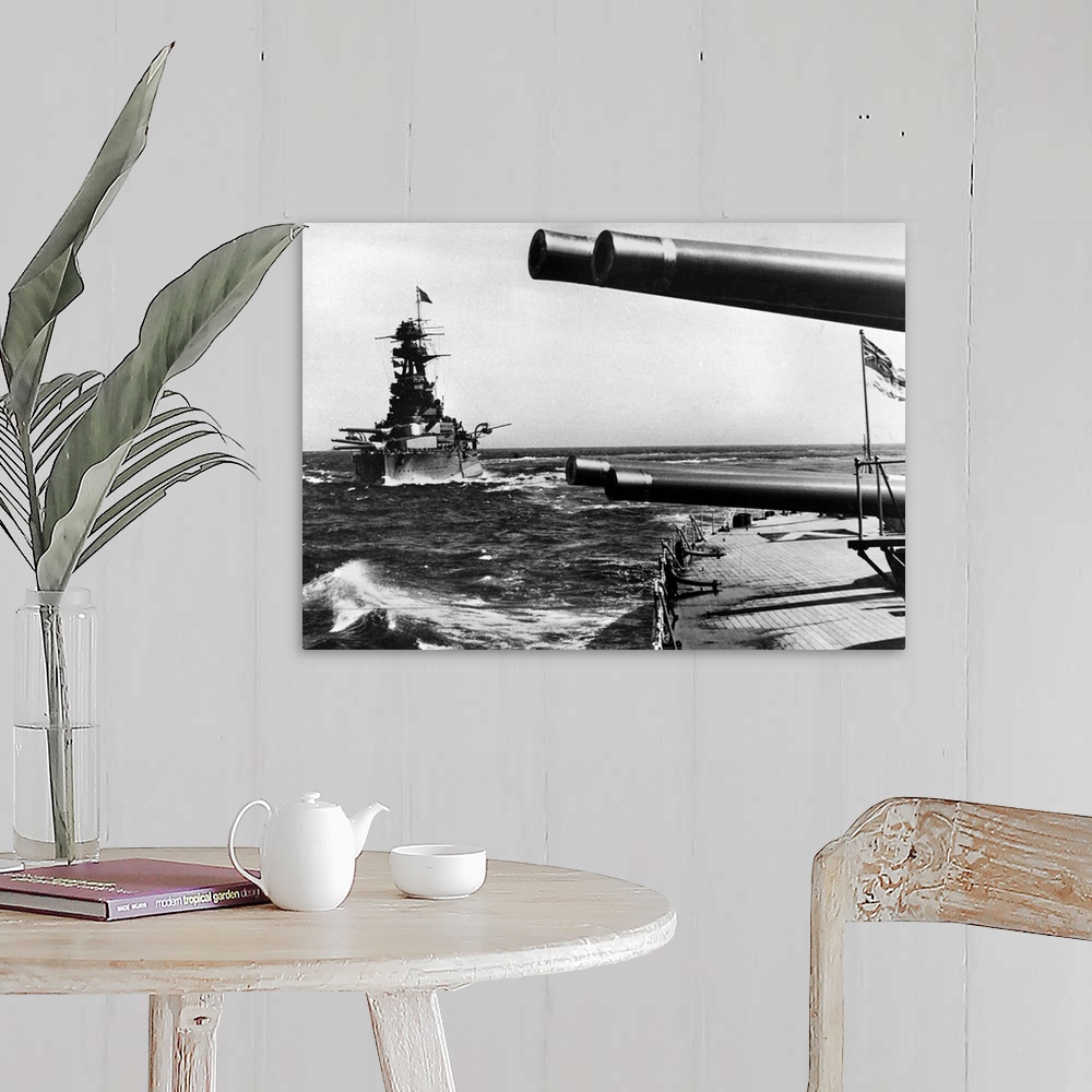 A farmhouse room featuring Cruisers of the Royal Navy on patrol in the North Atlantic during World War II, c1941.
