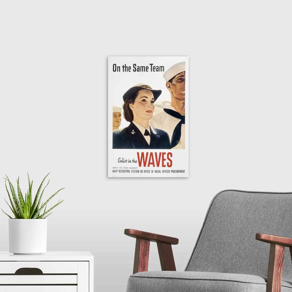 A modern room featuring 'On the Same Team.' American World War II recruiting poster for the WAVES (Women Accepted for Vol...