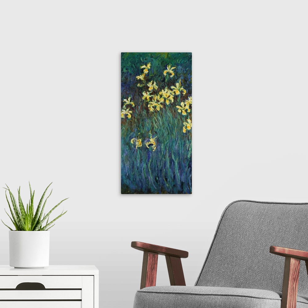 A modern room featuring Monet, Yellow Irises. Oil On Canvas, Claude Monet, C1915.
