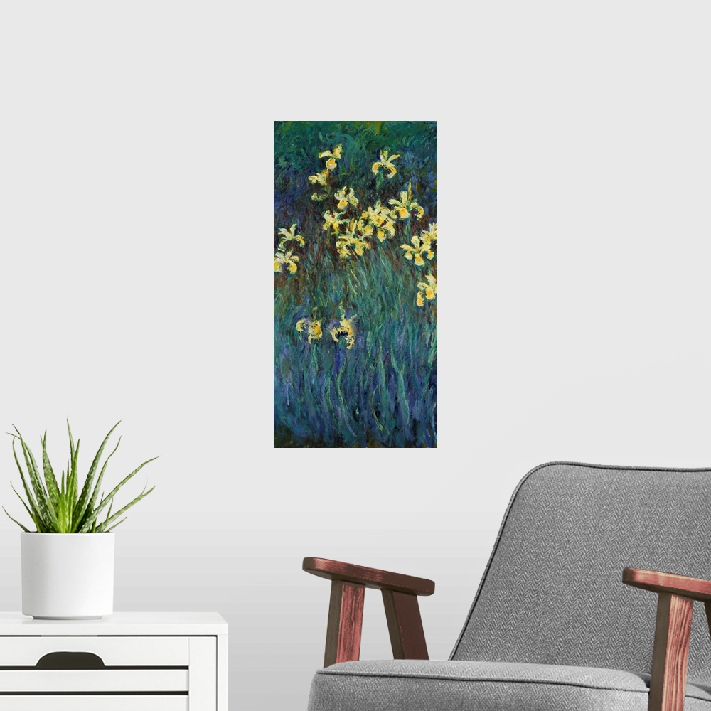 A modern room featuring Monet, Yellow Irises. Oil On Canvas, Claude Monet, C1915.