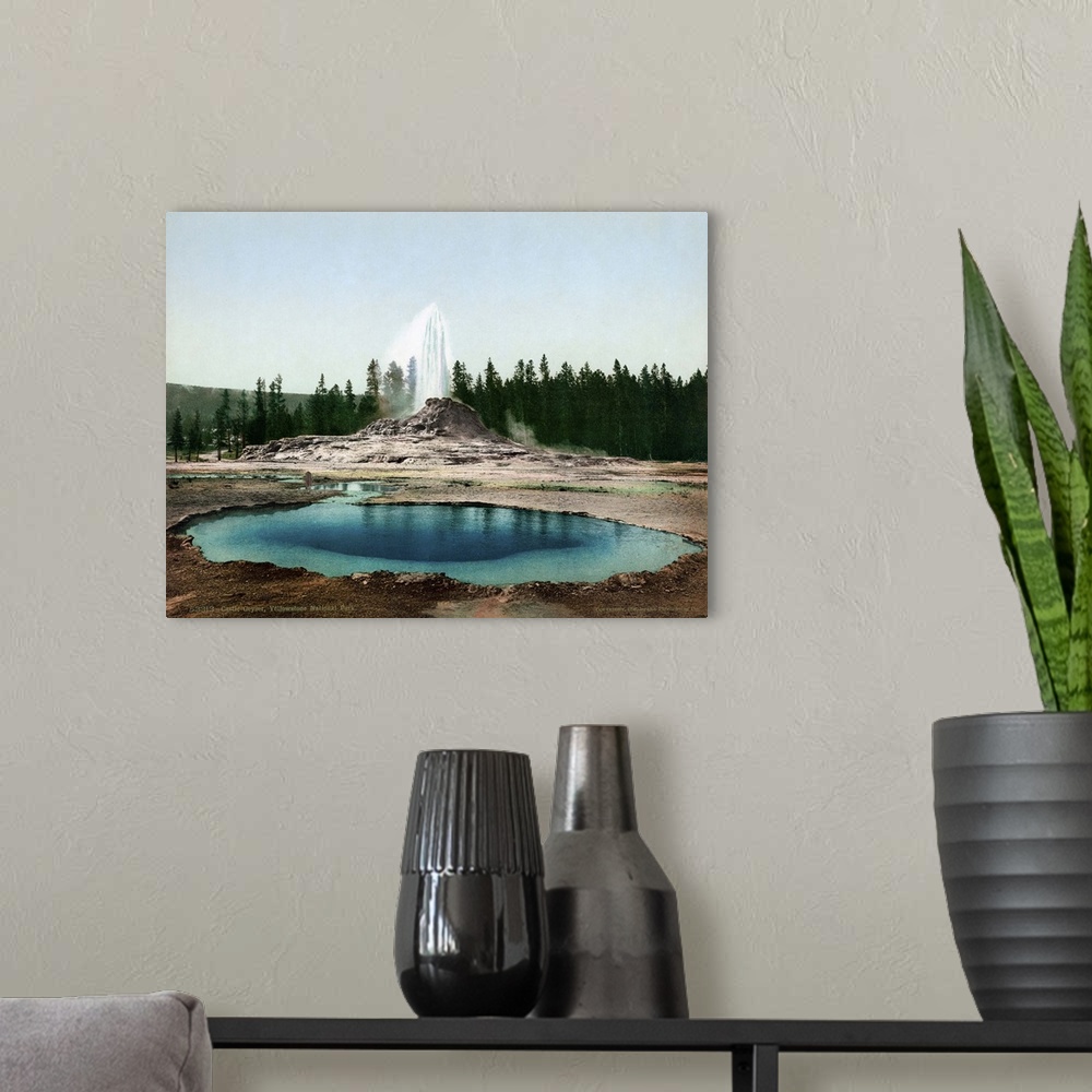 A modern room featuring Yellowstone Park, Geyser. View Of the Sinter Cone Castle Geyser Eruption In Yellowstone National ...
