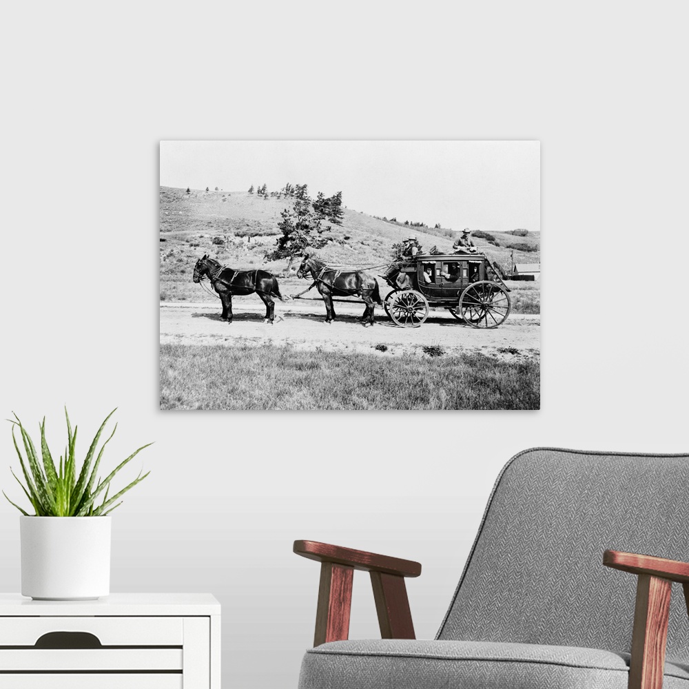 A modern room featuring Yellowstone, Stagecoach, C1913. An Old Horse Drawn Stagecoach In Yellowstone National Park, Wyomi...