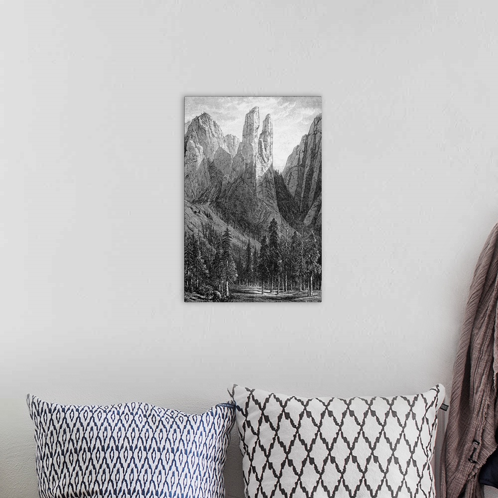 A bohemian room featuring Yosemite, Cathedral Spires. Cathedral Spires Rock Formation In the Yosemite Valley. Wood Engravin...