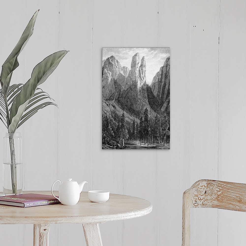 A farmhouse room featuring Yosemite, Cathedral Spires. Cathedral Spires Rock Formation In the Yosemite Valley. Wood Engravin...