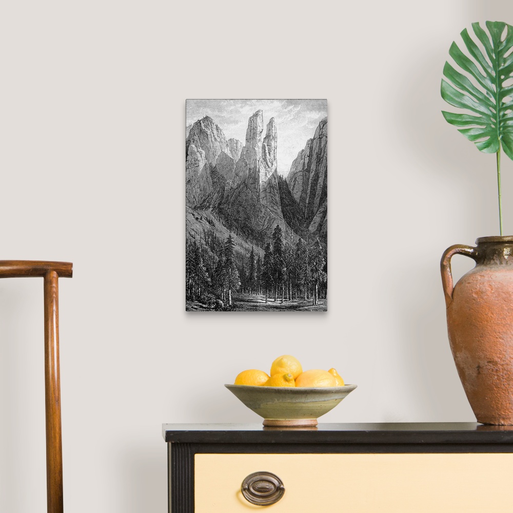 A traditional room featuring Yosemite, Cathedral Spires. Cathedral Spires Rock Formation In the Yosemite Valley. Wood Engravin...