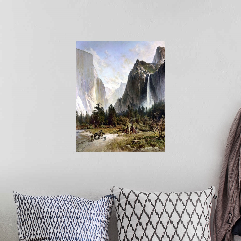 A bohemian room featuring Yosemite Valley, C1860. A Native American Hunter Returning To His Tepee At Yosemite Valley. Oil O...