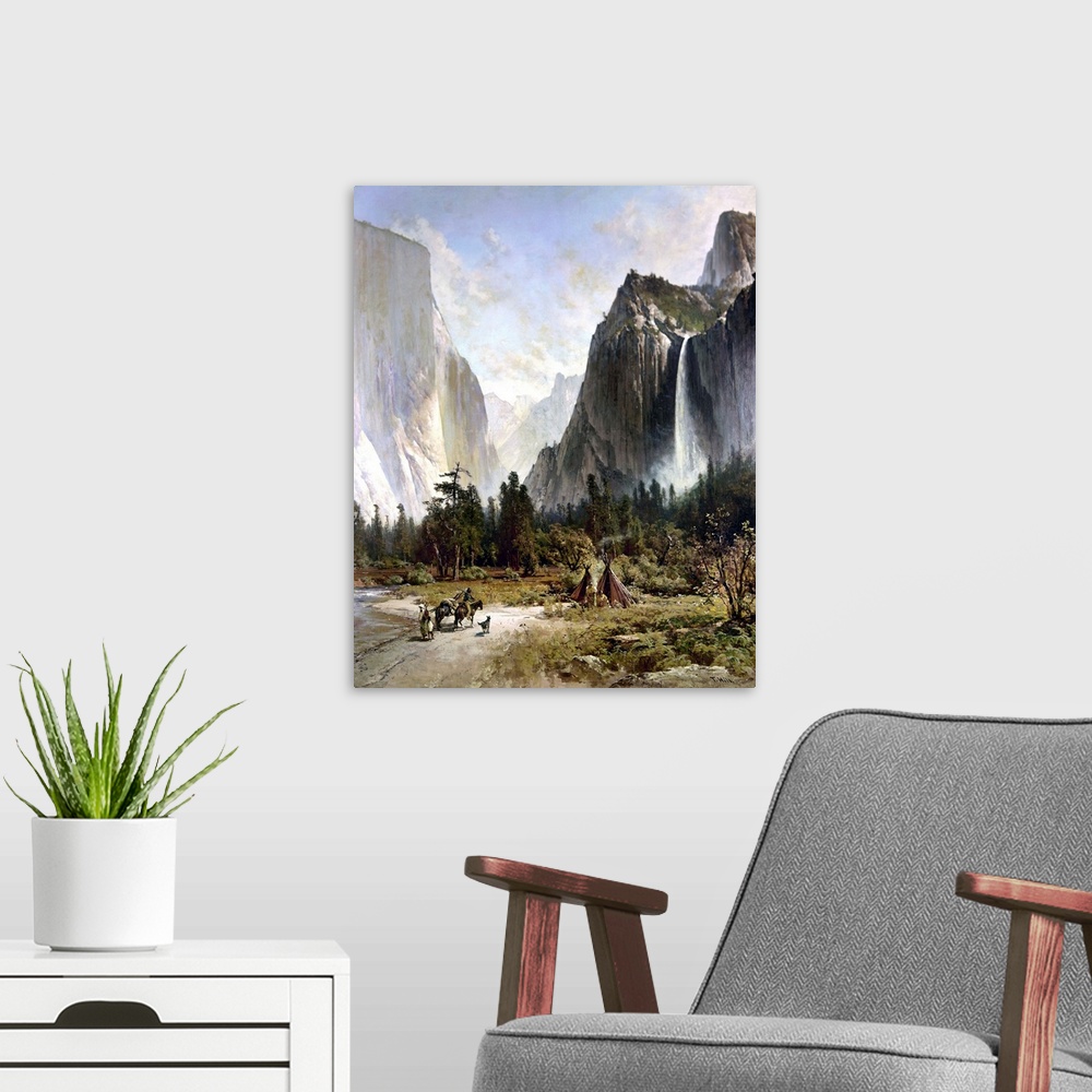 A modern room featuring Yosemite Valley, C1860. A Native American Hunter Returning To His Tepee At Yosemite Valley. Oil O...