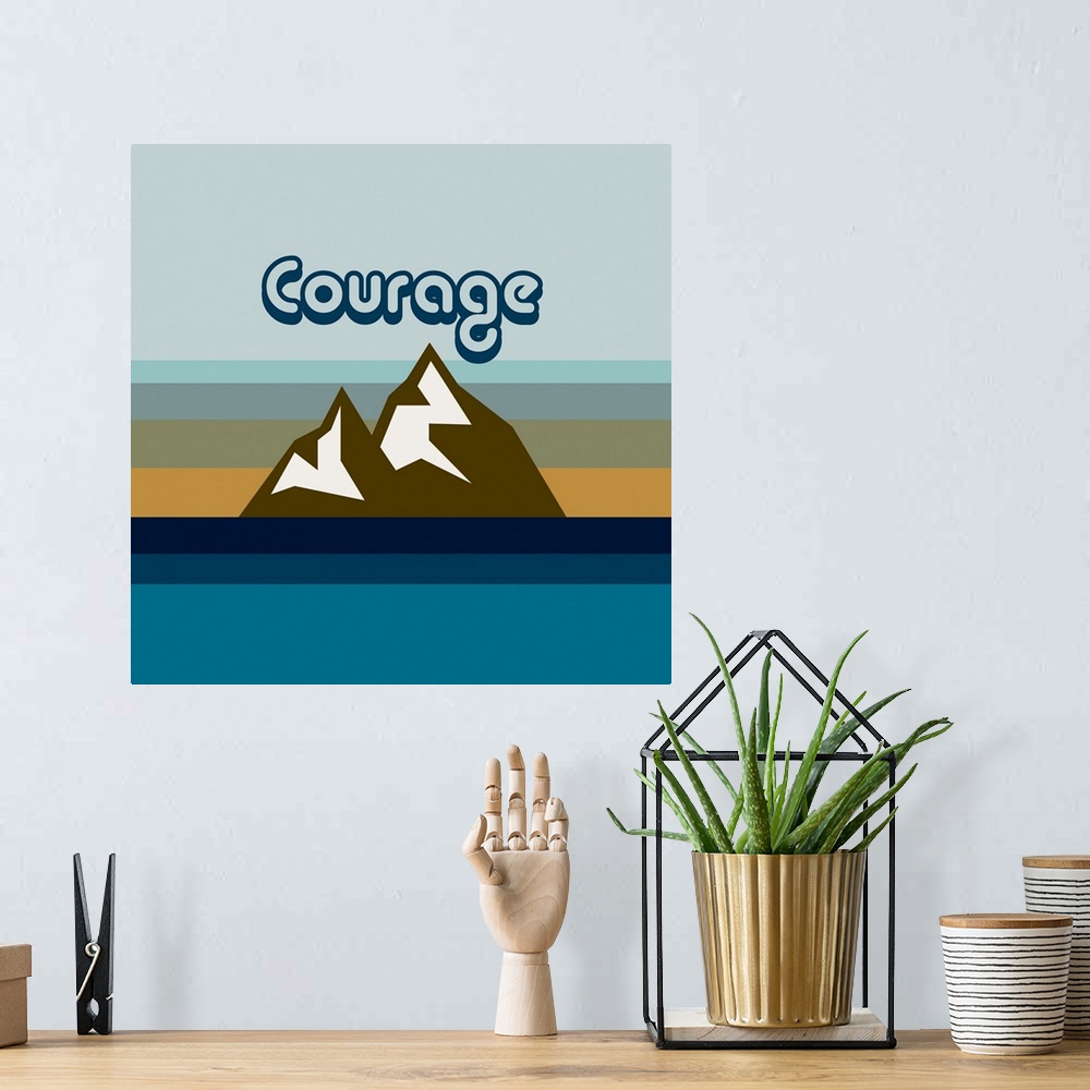 A bohemian room featuring A modern illustration of mountains and the text 'Courage' with a white border.