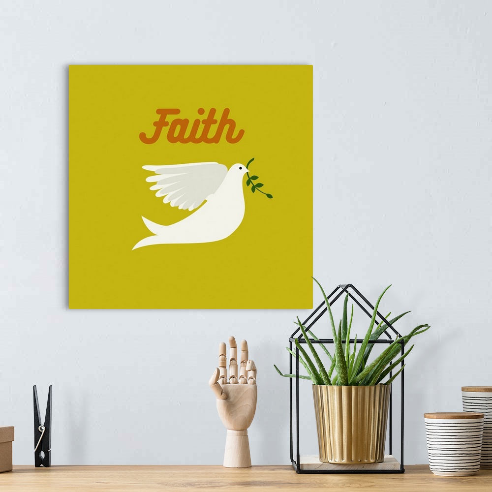 A bohemian room featuring A modern illustration of dove with branch and the text 'Faith' with a white border.