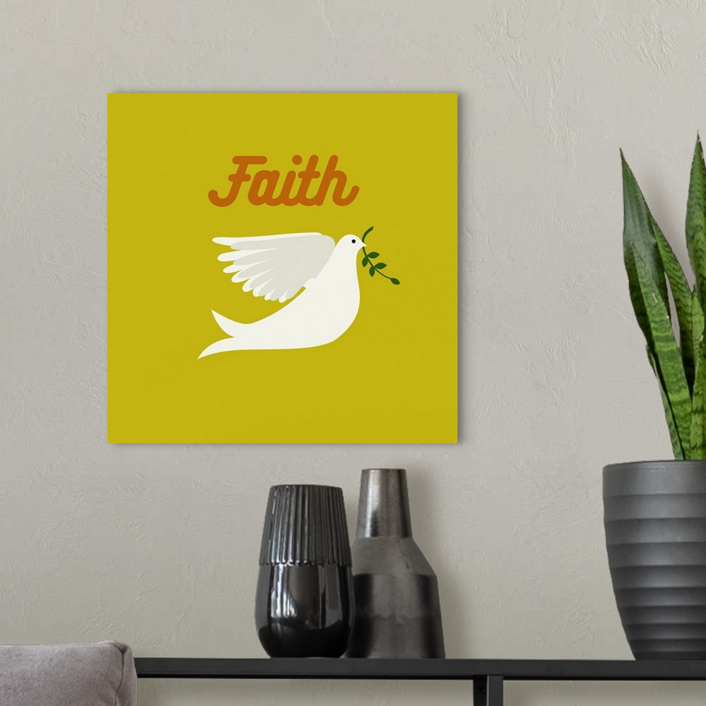 A modern room featuring A modern illustration of dove with branch and the text 'Faith' with a white border.