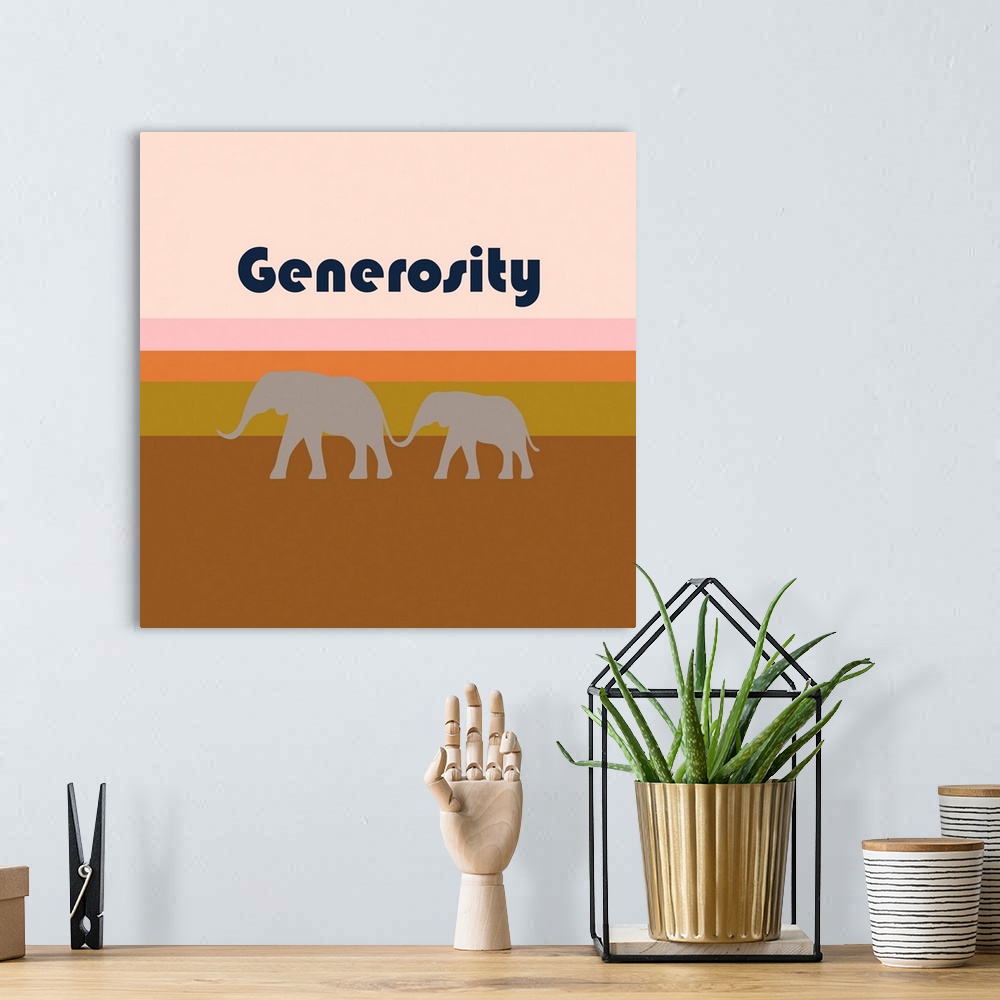 A bohemian room featuring A modern illustration of a pair of elephants and the text 'Generosity' with a white border.