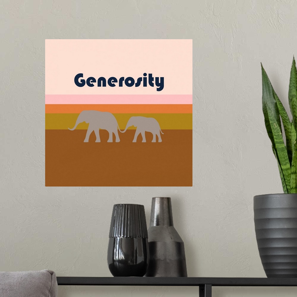 A modern room featuring A modern illustration of a pair of elephants and the text 'Generosity' with a white border.