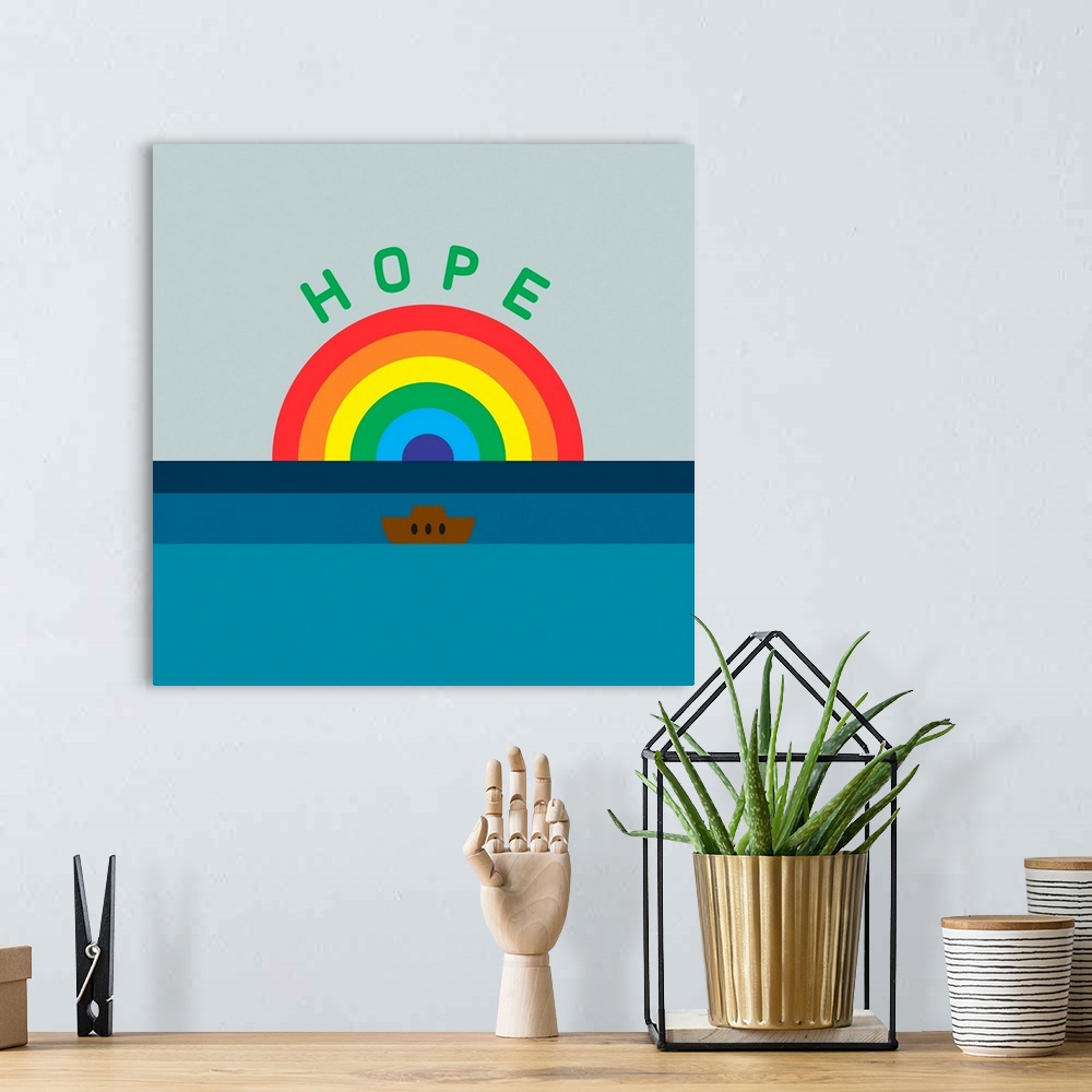 A bohemian room featuring A modern illustration of a rainbow with a boat in water and the text 'Hope' with a white border.