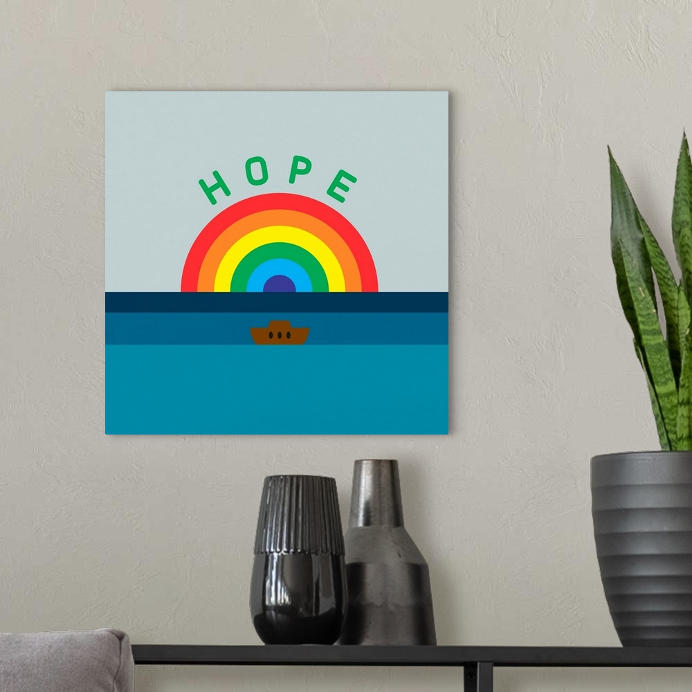 A modern room featuring A modern illustration of a rainbow with a boat in water and the text 'Hope' with a white border.