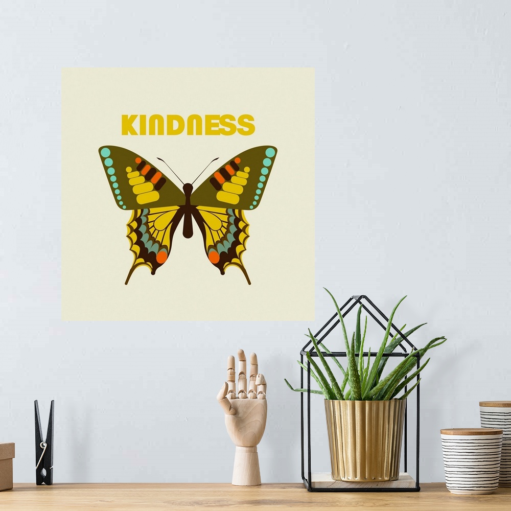A bohemian room featuring A modern illustration of butterfly and the text 'Kindness' with a white border.